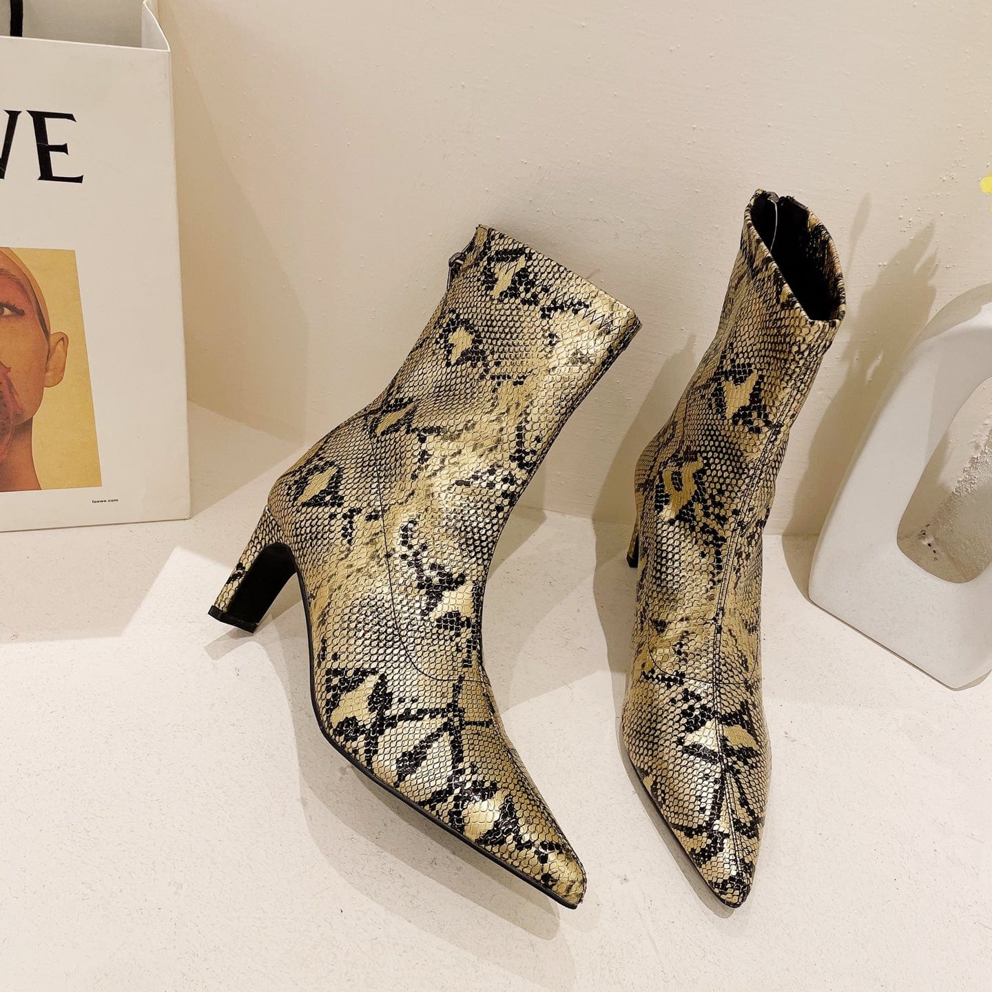 37 / Gold 2023 autumn European and American high-heeled short tube new snake pattern pointed toe fashion women's boots