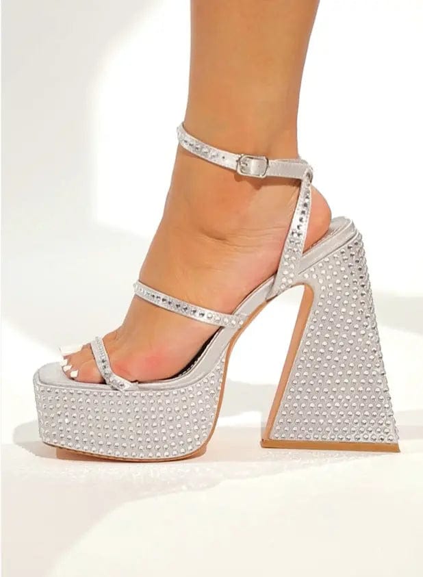 37 / silver BUSY GIRL QT4402 Heeled Sandals Women Black Sparkly Rhinestone Strap 14cm Triangle Block High Heels For Ladies Platform Topuklu