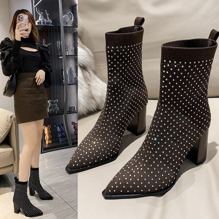 38 / 1 2022 new arrival women plus size cusp mouth rhinestone transparent high heels short booties stretchy sexy customized logo boots