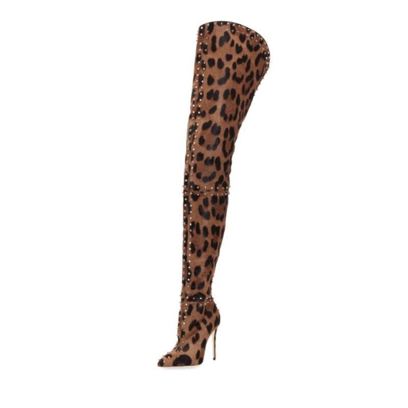 38 / 1 TX fashion over the knee plus-size pointy stiletto boots studded leopard print thigh high boots women shoes