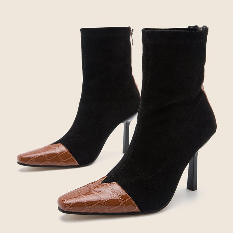 38 / Black-brown Rome Style Mixed Black 2022 Colors PU Square Toe Gold Chain Decoration Thin High Heel Mid-Calf Brown Boots 36-42 Women Shoes