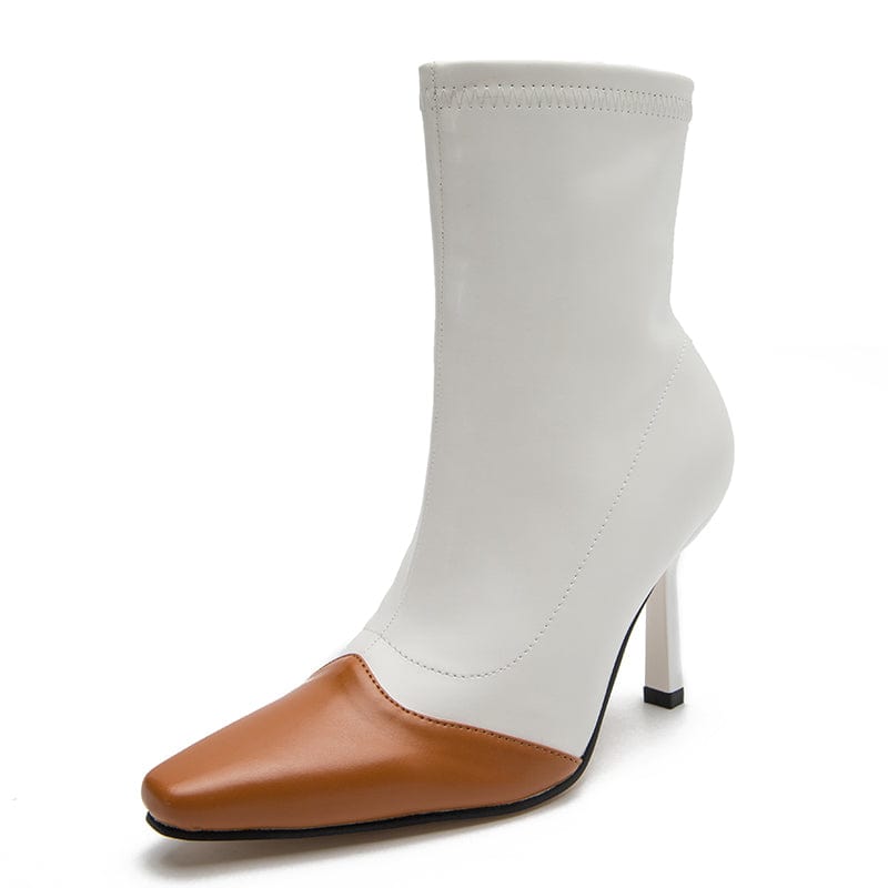 38 / Brown Rome Style Mixed Colors PU Square Toe 2022 Heels Sewing Side Zippers Black Brown Chelsea Boots Mid Calf 36-42 Shoes For Women