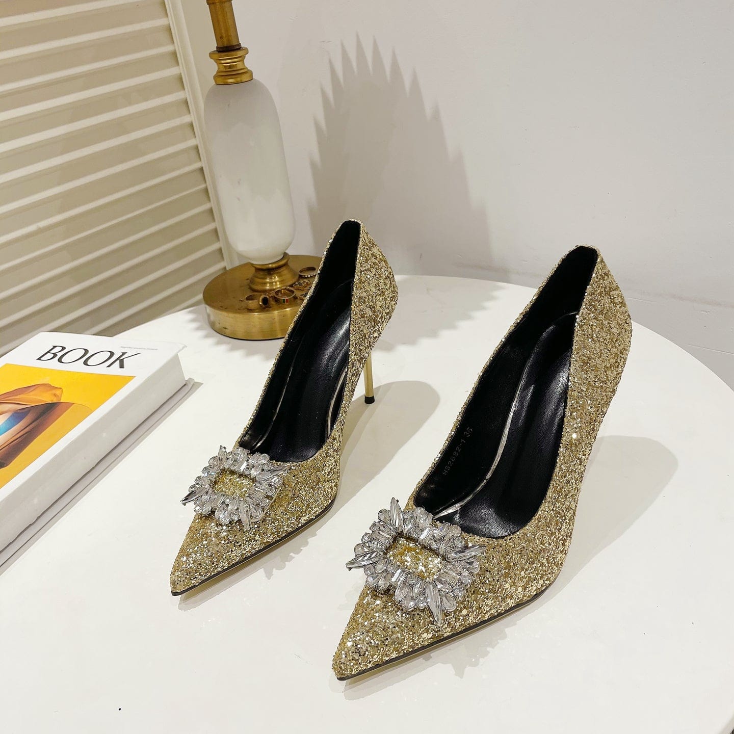 38 / Gold 20223 autumn new commuter high-heeled women's single shoes pointed toe stiletto with flash material banquet rhinestones
