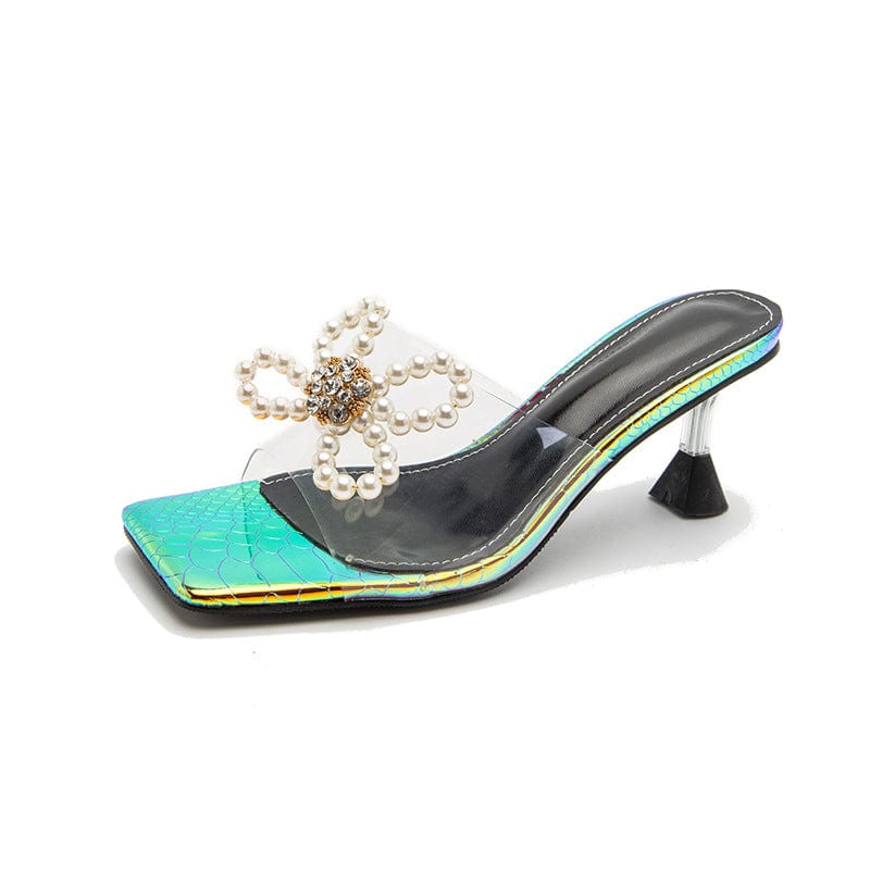 38 / green sh10274a Pearl Bowknot Sandals Women 2023 Sweet Square Head Transparent Outdoor Wear Heeled Slipper