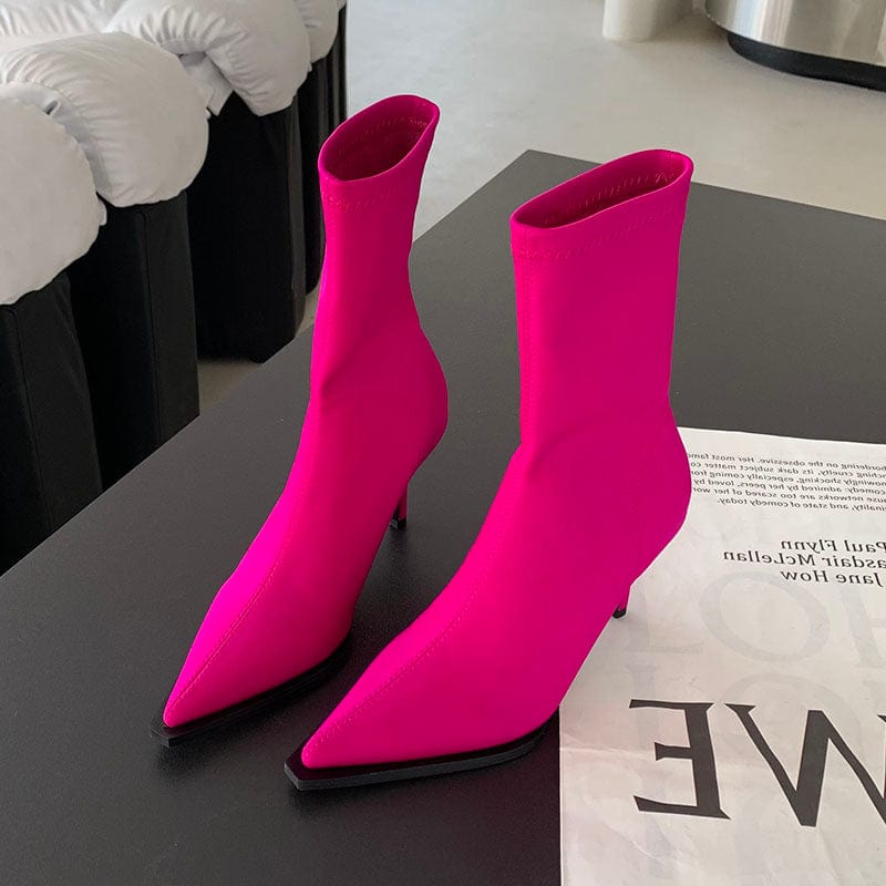 38 / Rose Red Sexy Pointed Toe Slip-On 2023 New Autumn Winter Solid Thin High Heel Silk Ankle Boots Rome Shoes Party Dress 35-39 Women Shoes