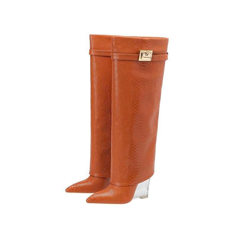 39 / 3 TX New winter style pointed toe high jelly heel large size shark lock boots knee length croc-effect pant boots for women