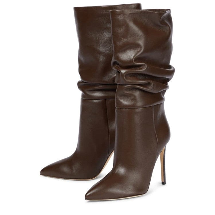 39.5 / Brown Leather Look Pointed Blue Thin Heeled Boots Microfiber Leather High Quality Pull On Knee High Boots for Ladies Big Size 48