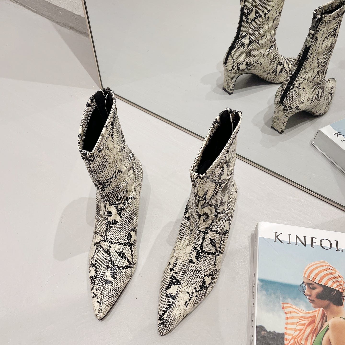 39 / apricot 2023 autumn European and American high-heeled short tube new snake pattern pointed toe fashion women's boots