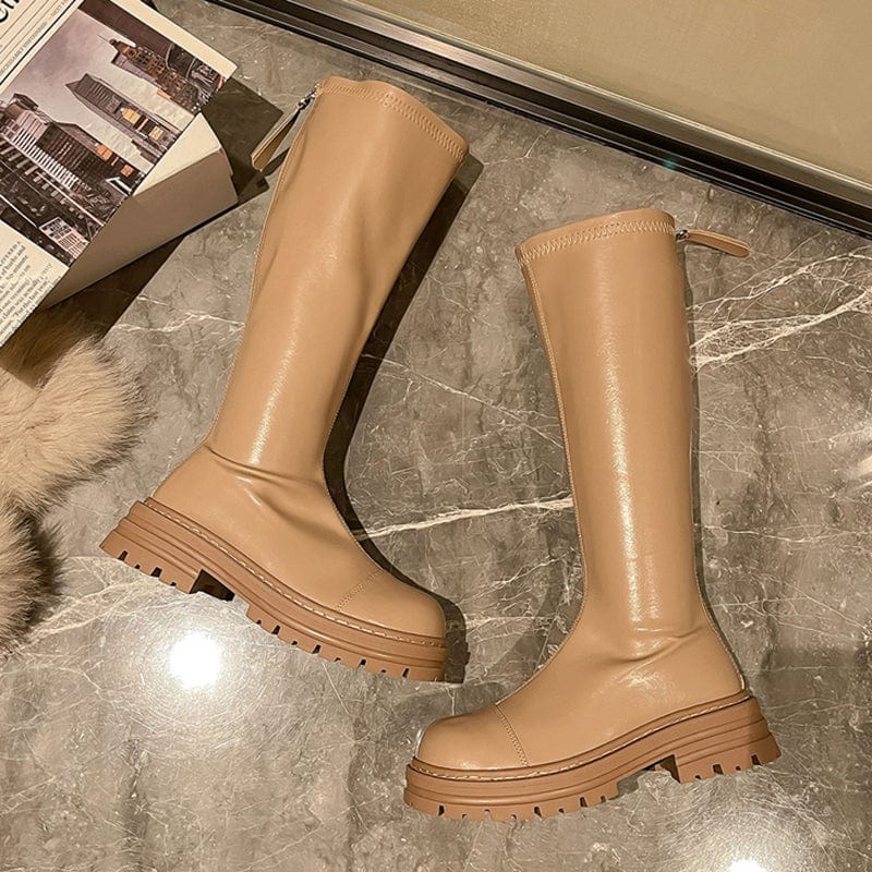 39 / Apricot PU Round Toe Sewing Platform High Heel 2022 Winter New Fashion Rome Style Knee High Chelsea Boots Size 35-39 Woman Shoes