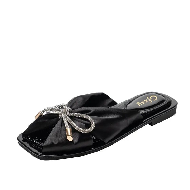 39 / black Drop shipping summer slip on satin bow tie classic square toe flat slippers women's sandals beautiful women's sport sandals