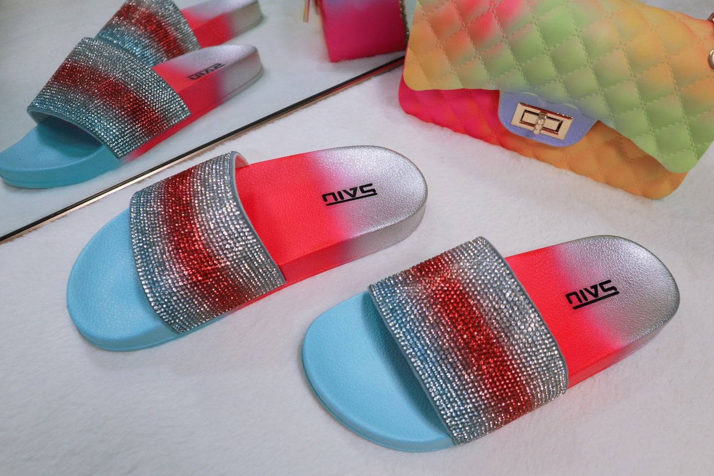 39 / Blue Fashion women shining Diamond sandals gradient colors slides slippers