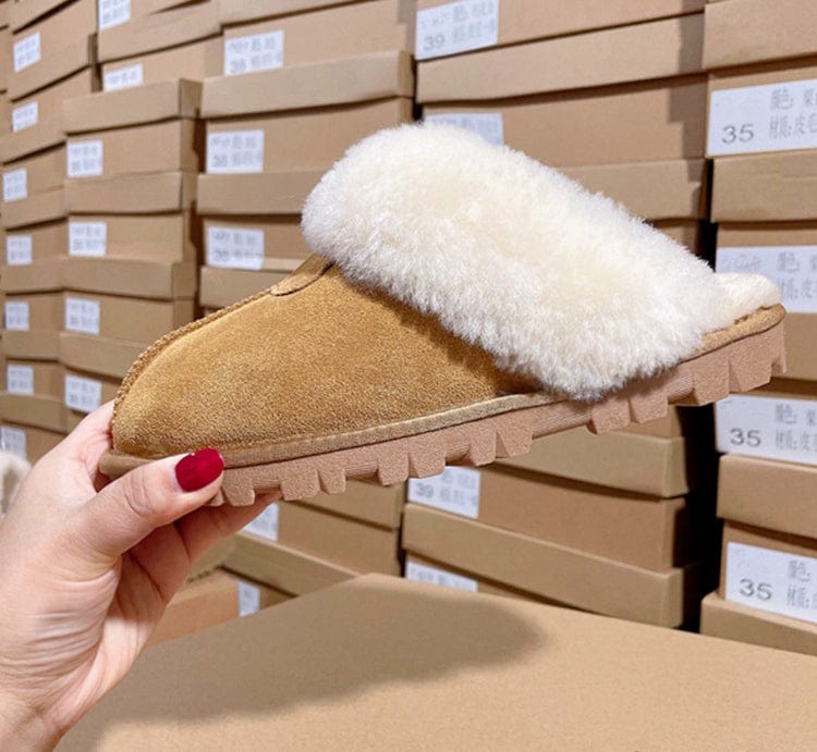 39 / Brown TX new style woolen faux fur slippers winter slipper round head outdoor suede snow boots women winter slippers