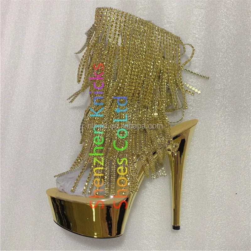 39 / Gold 15cm sexy tassel thin heel high heel back lace-up pole dance shoes/model catwalk dress shoes