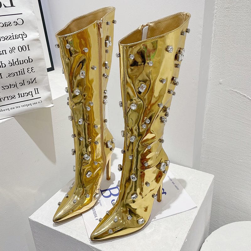 39 / Gold CRYSTAL Decorate Motorcycle Boots Over Knee Sexy Street Style Stilettos Pointed Toe High Heels Shoes Zipper Long Women's Boots