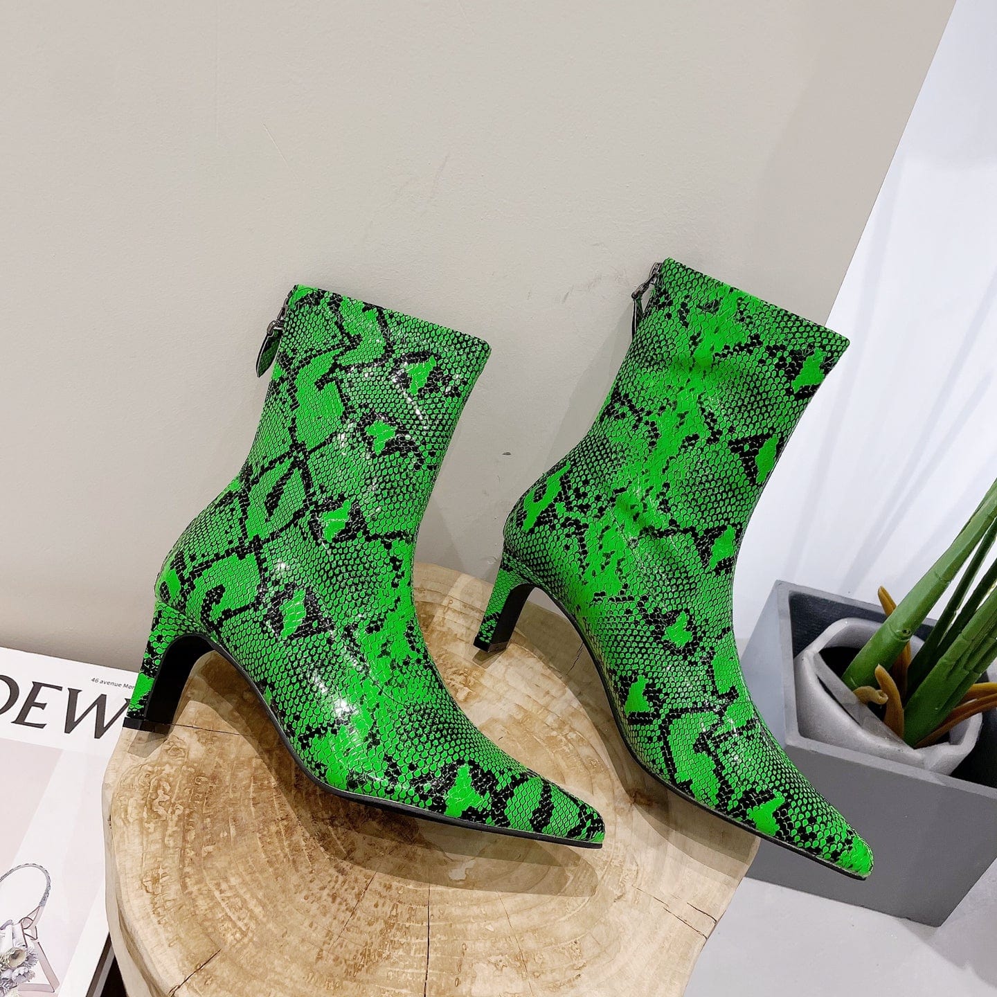 39 / green 2023 autumn European and American high-heeled short tube new snake pattern pointed toe fashion women's boots