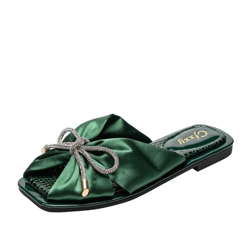 39 / green Drop shipping summer slip on satin bow tie classic square toe flat slippers women's sandals beautiful women's sport sandals