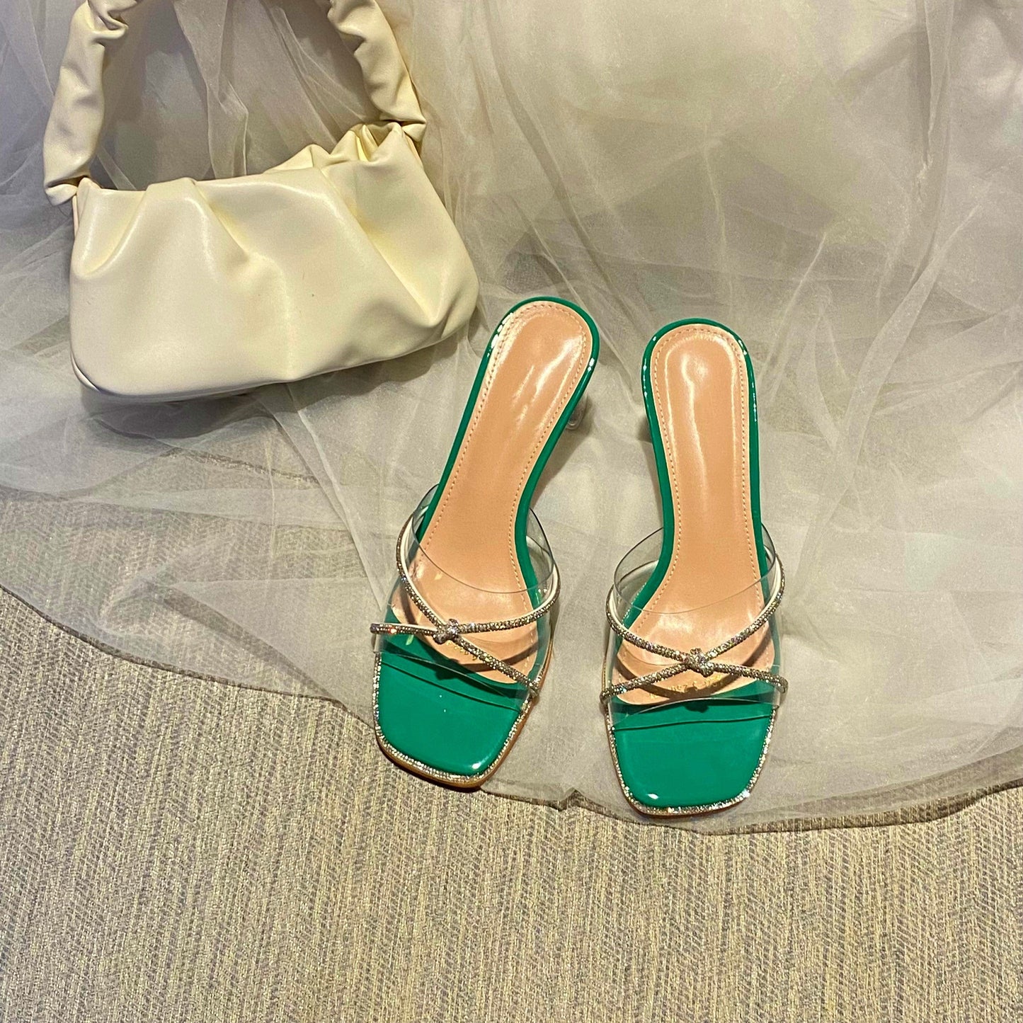 39 / Green Sexy Open Toe Fashion Transparent Crystal Decoration Slip-On Sandals Street Style Mules Square Heel High Heel Women Slippers