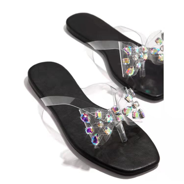 39 (US Size 8) / Black Leslides New Style Large Crystal Bow Jelly Thong Shoes Bling Flip-flops Outdoor Slides Slipper Beach Sandals for Women