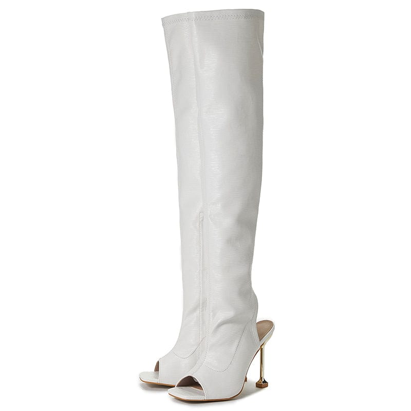 39 / White Korean Style Fashion Sexy PU Square Open Toe Thin High Heel Over-The Knee Chelsea Boots Side Zippers 35-42 Women Slingbacks