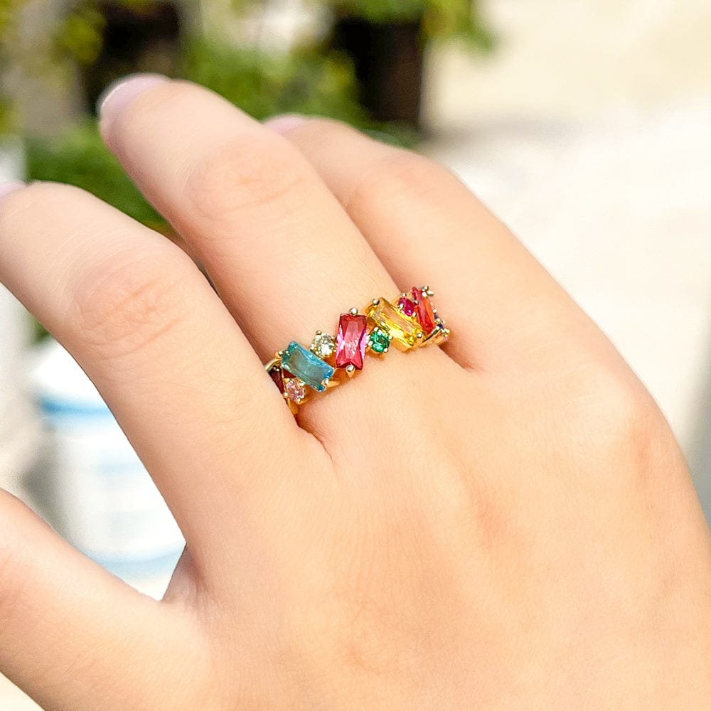 3A Grade Multicolor Oval Baguette Cubic Zirconia Paved Gorgeous Dubai Gold Color Rainbow CZ Party Finger Rings for Women Jewelry