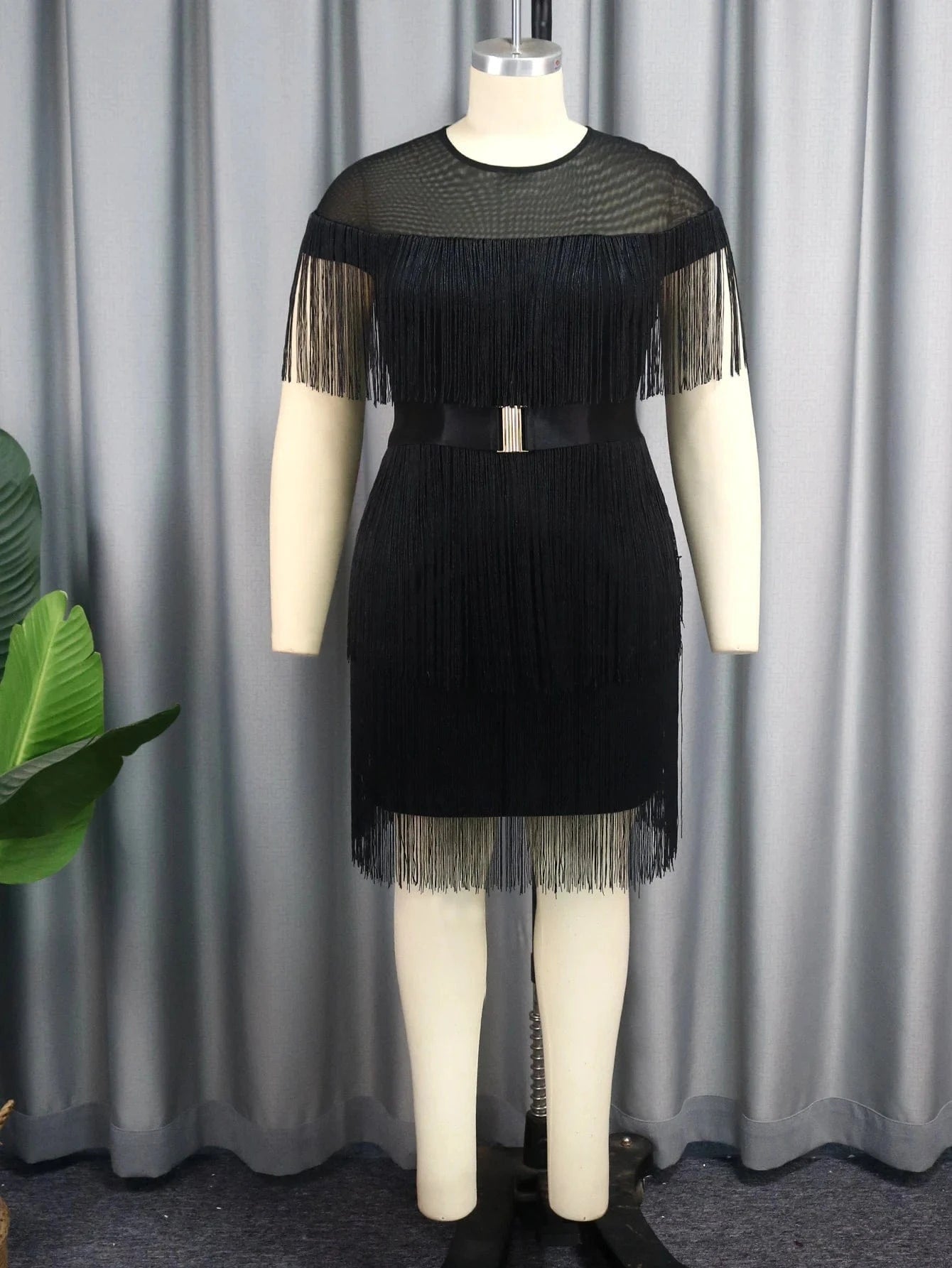 3XL / Black Factory Waist Belt See Through Tassel Women Club Dresses Plus Size