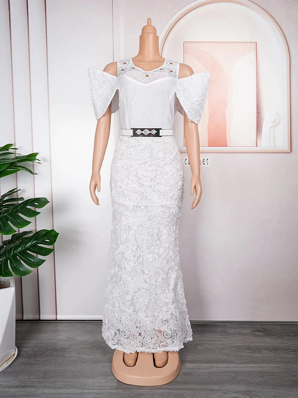 3XL / White Applique Belt Fishtail Mesh Patchwork Sequins Bead Women Evening Dress