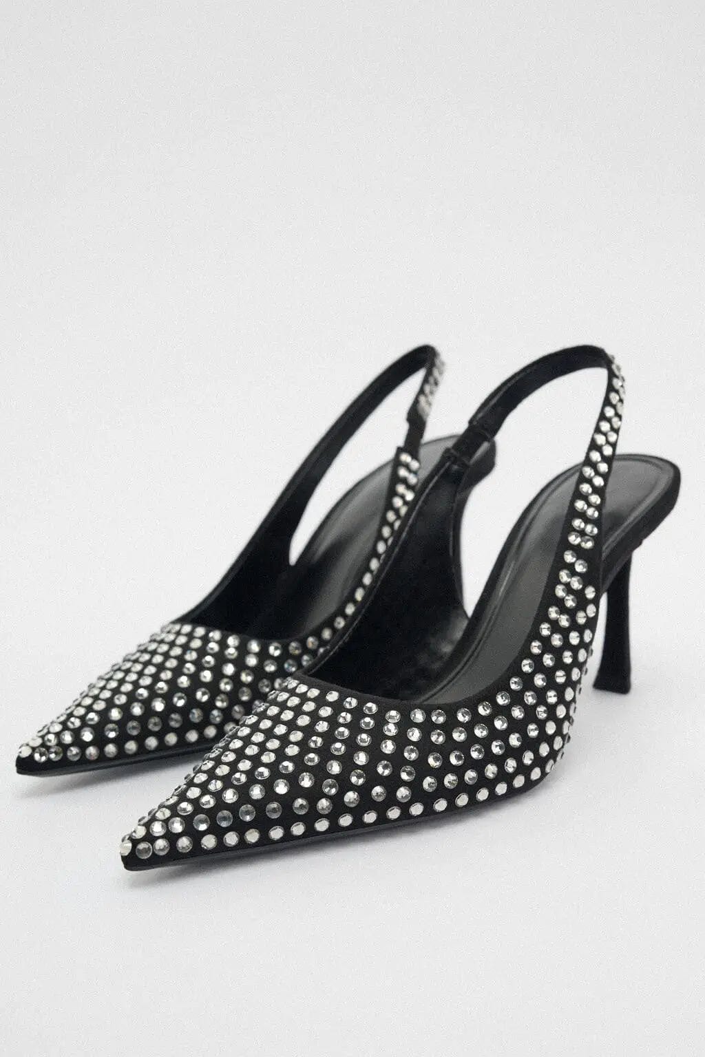 4.5 / black BUSY GIRL MY4436 Pumps Heels For Women Sandals Slingback Crystal Diamond 2023 New Pointed Toe Mules High Heel For Ladies