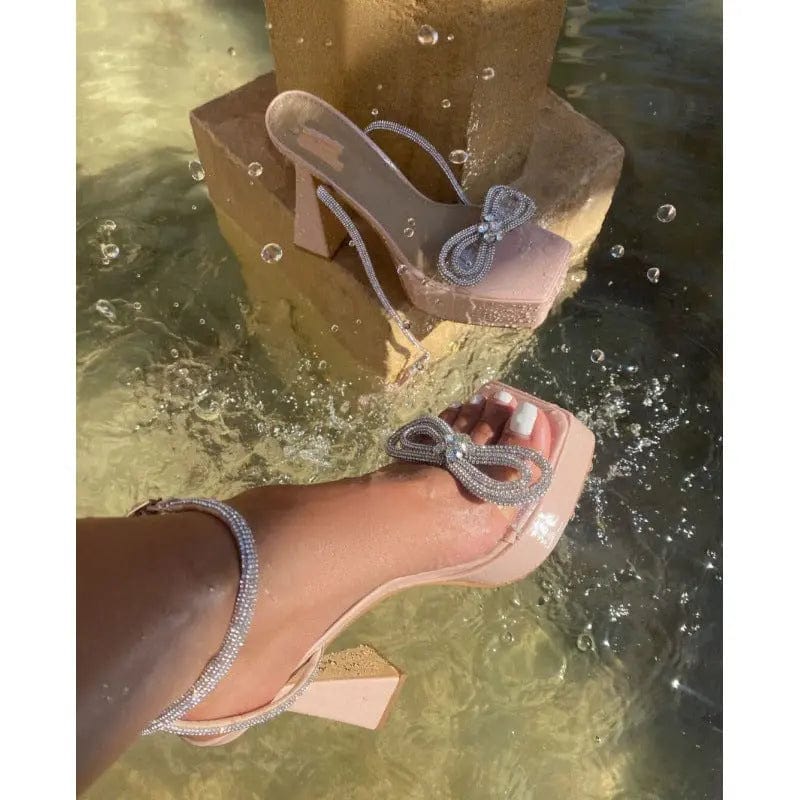 4 / Apricot BUSY GIRL XSD4418 Heeled Sandals Women Double Glitter Bow Platform Block Heels For Ladies Chunky High Heels Shoes For Women