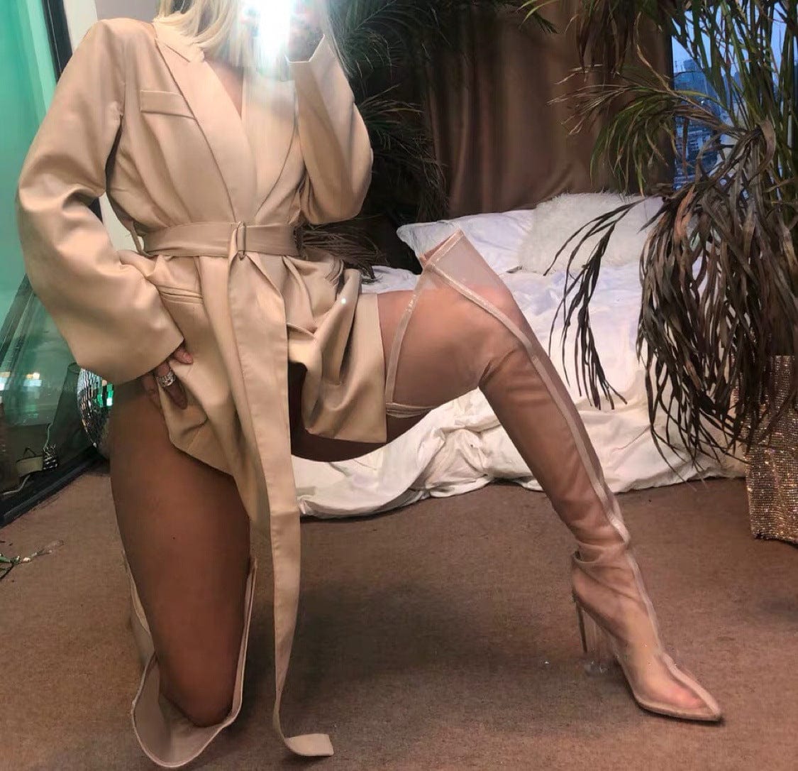 4 / Apricot TX personalized plus size sexy mesh clear chunky heels classic pointy toe stilettos shoes long over knee high boots for women