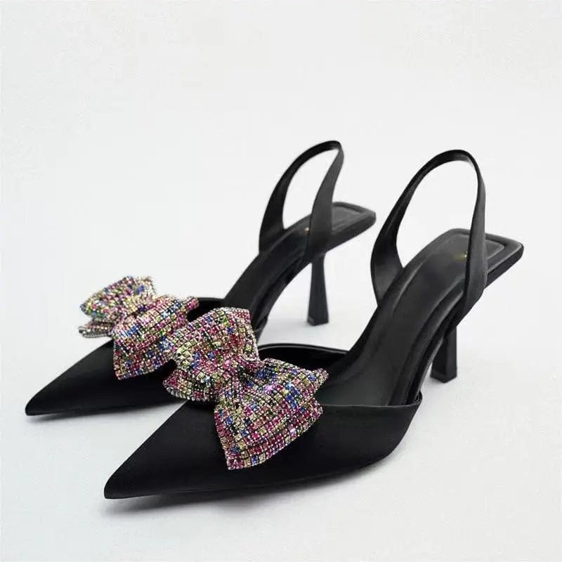 4 / black BUSY GIRL HW437 Pumps Women Heels For Women Sandals Slingback Crystal Diamond Embellished Bow High Heel For Ladies
