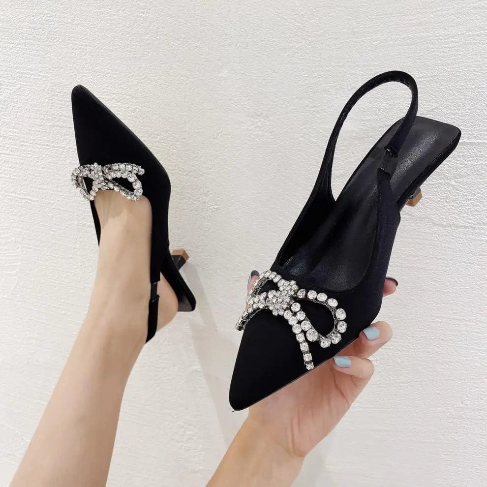 4 / black BUSY GIRL XSD4403 pumps 2023 New design formal pointed toe rhinestone bow wedding bridal dress shoes 3cm high heel sandals women