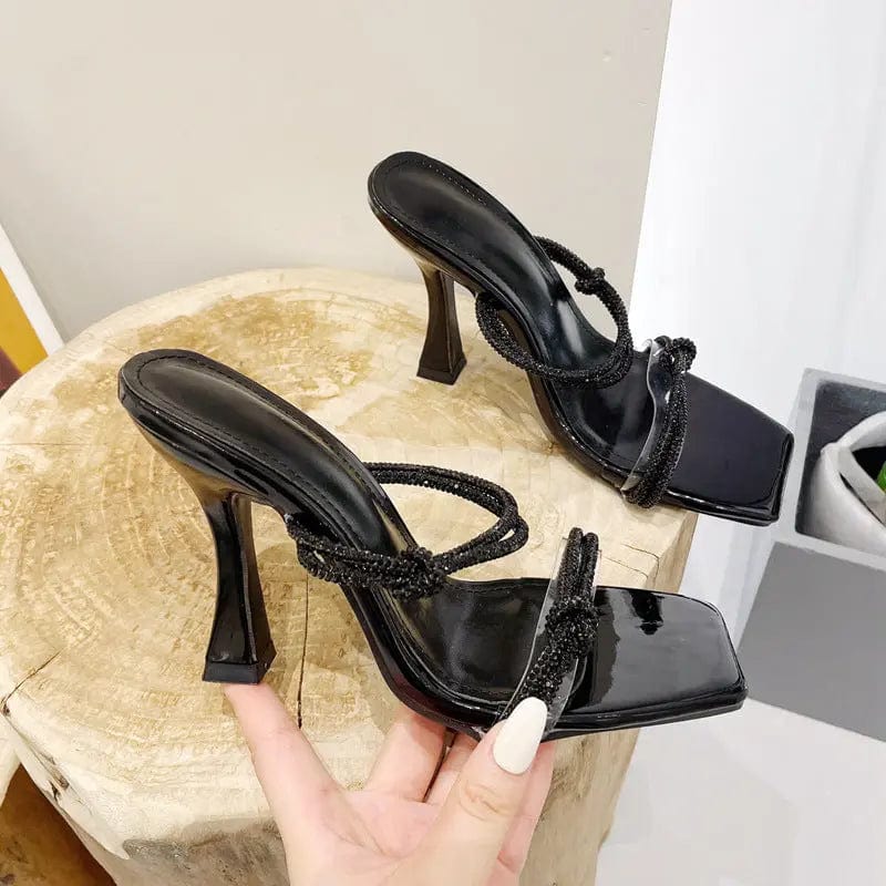 4 / black BUSY GIRL XSD4428 Mule High Heels Shoes for Women Mules Heels Gold Rhinestone 2023 New Botas Heeled Sandals Women Slide Slippers