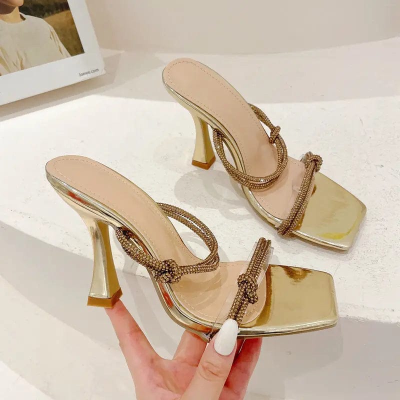 4 / Gold BUSY GIRL XSD4428 Mule High Heels Shoes for Women Mules Heels Gold Rhinestone 2023 New Botas Heeled Sandals Women Slide Slippers