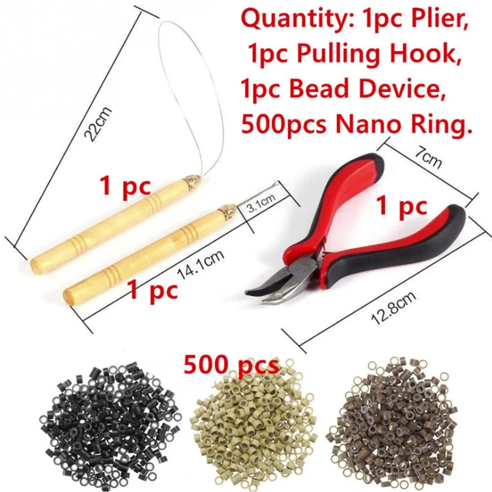4 in one kit(500pcs black Nano Rings) FX-T156 Four Piece Wigs Set Pliers Hairs Connectors Nano Ring Crochet 4 In One Hair Extensions Tool Kit