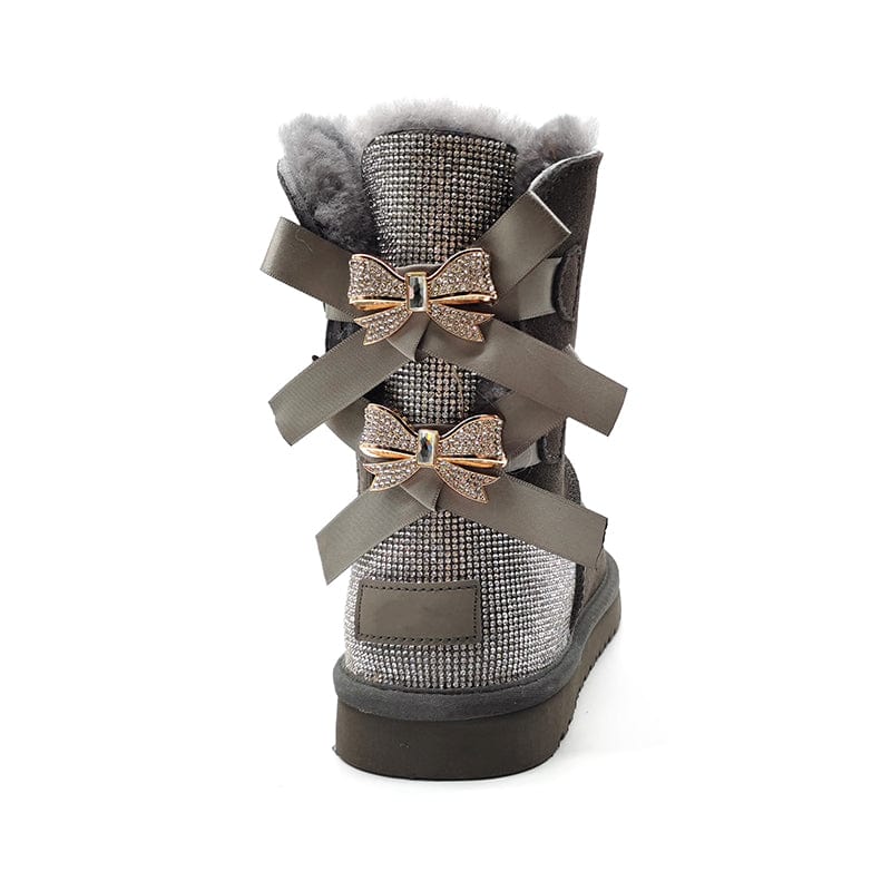 4 / JM-1 Factory wholesale adults kids size sheepskin wool fur Sparkle sparkling bow with drill glitter winter women boots