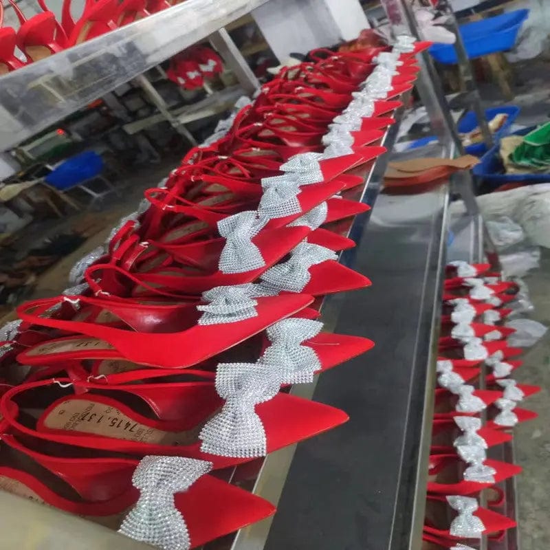 4 / Red BUSY GIRL HW437 Pumps Women Heels For Women Sandals Slingback Crystal Diamond Embellished Bow High Heel For Ladies