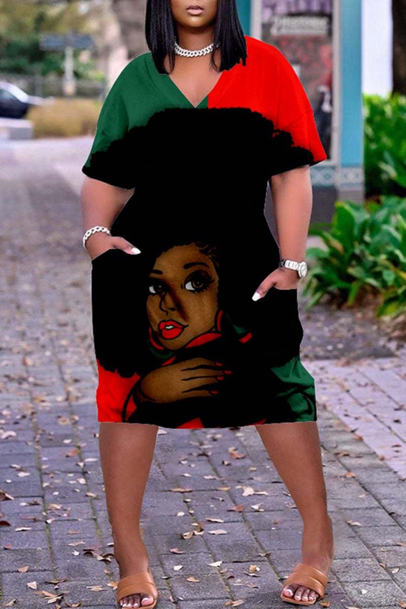 4 XL / 1 2023 summer trendy 3D Printed Fashion Casual Loose Plus Size Women's V-Neck half Sleeve midi Dress