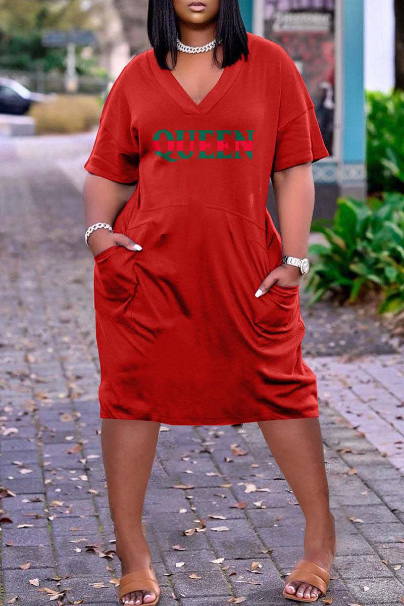4 XL / 12 2023 summer trendy 3D Printed Fashion Casual Loose Plus Size Women's V-Neck half Sleeve midi Dress