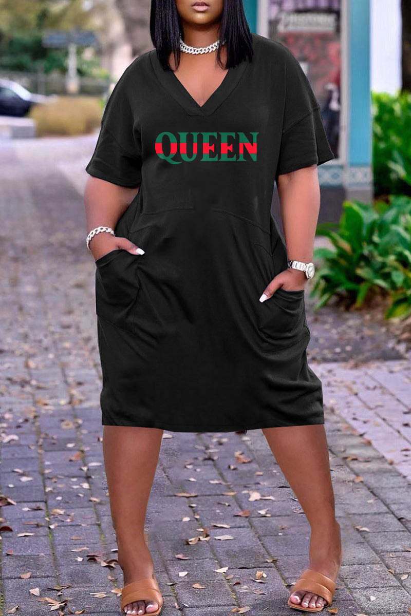4 XL / 13 2023 summer trendy 3D Printed Fashion Casual Loose Plus Size Women's V-Neck half Sleeve midi Dress