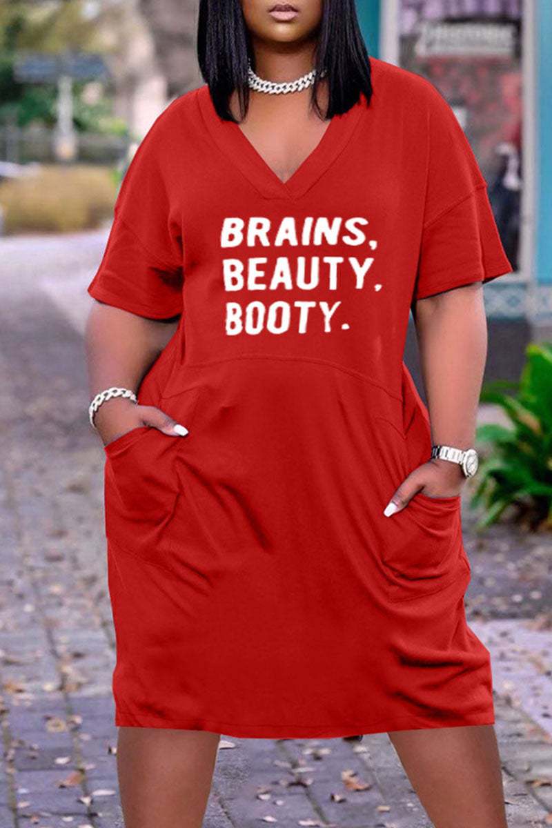 4 XL / 16 2023 summer trendy 3D Printed Fashion Casual Loose Plus Size Women's V-Neck half Sleeve midi Dress