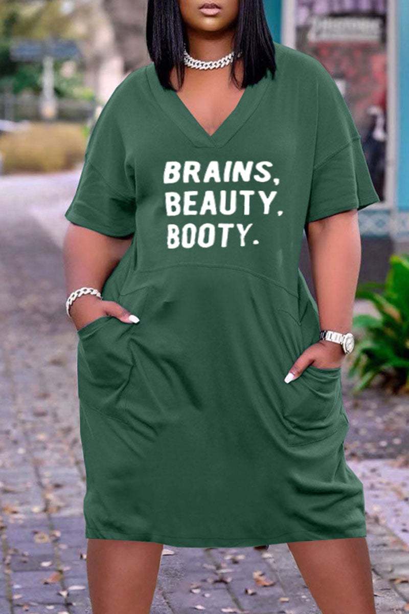 4 XL / 17 2023 summer trendy 3D Printed Fashion Casual Loose Plus Size Women's V-Neck half Sleeve midi Dress