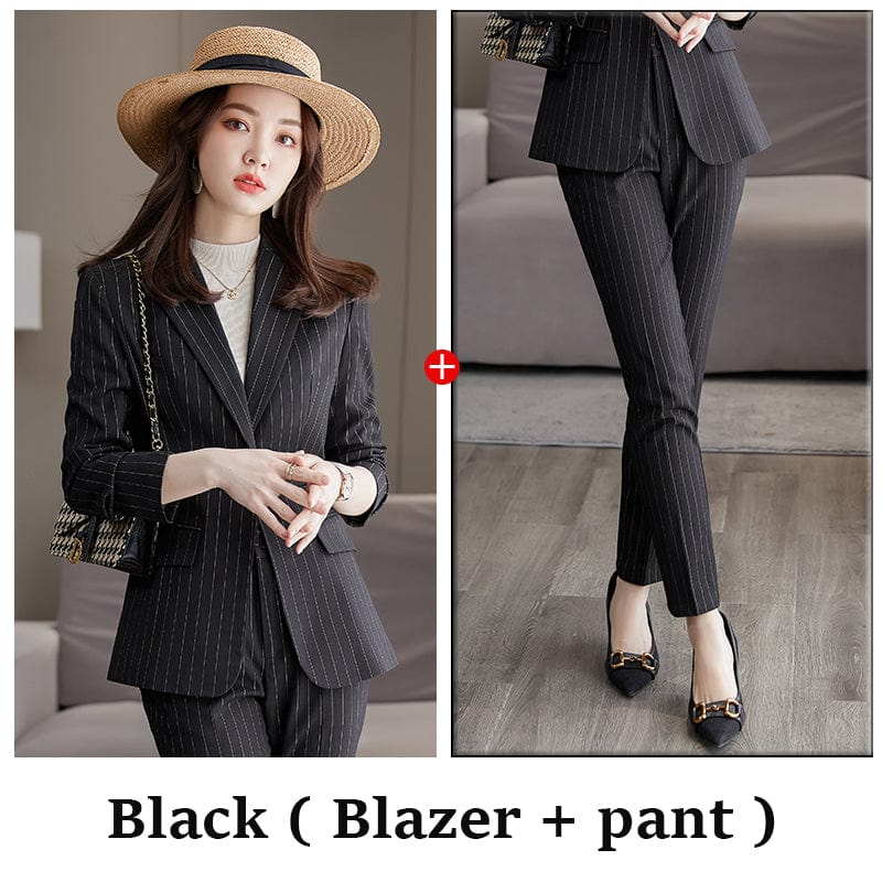 4 XL / 2 Piece Black pant Suit Wholesale 2 Pieces Pant Set Suits Fashion Office Ladies Work Wear for Women's Business Female Formal Stripe Blazer Outfit Pant