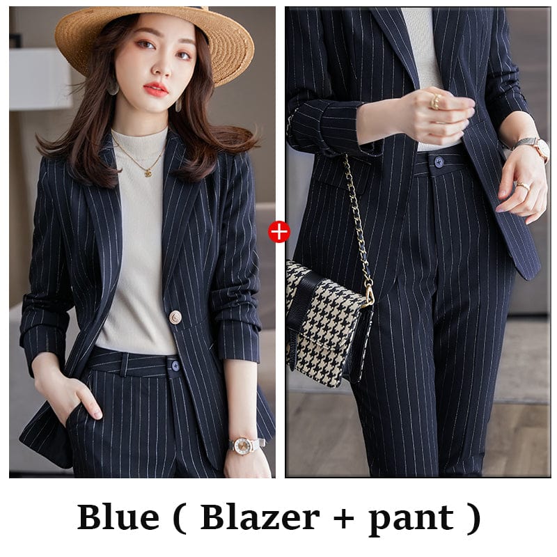 4 XL / 2 Piece Blue pant Suit Wholesale 2 Pieces Pant Set Suits Fashion Office Ladies Work Wear for Women's Business Female Formal Stripe Blazer Outfit Pant
