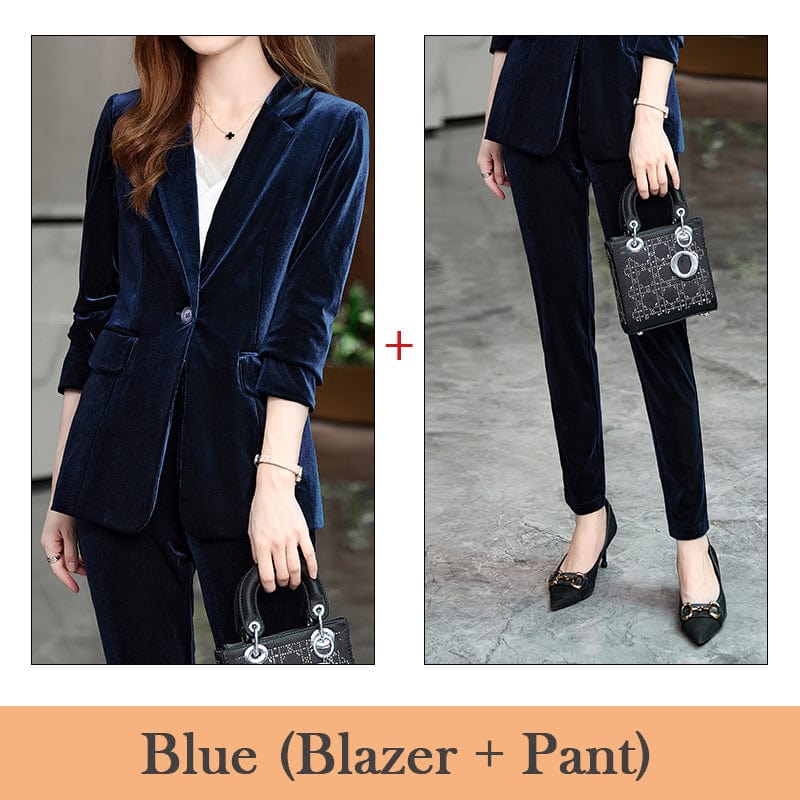 4 XL / 2 Piece Blue Pant Suit Wholesale High-quality Velvet Fabric Business Pant Suit 2 Piece Set for Women Thick Soft Fashion Jacket and Trouser Office Lady
