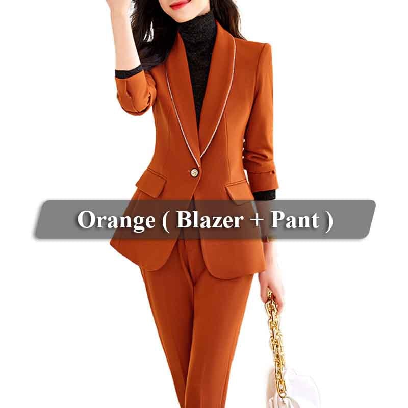 4 XL / 2 Piece Orange Pant Suit OEM Wholesale High-quality 2 Piece Set for Women Business Office Lady Work Wear Single Button Clothes Blazer with Trousers