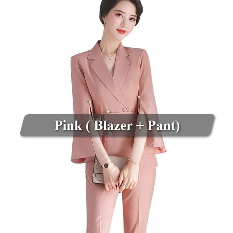 4 XL / 2 Piece Pink Suits 2 Pieces Set Women Split flared sleeves Pant Suit Office Lady Formal Female Soft Double Breasted Blazer with Pant