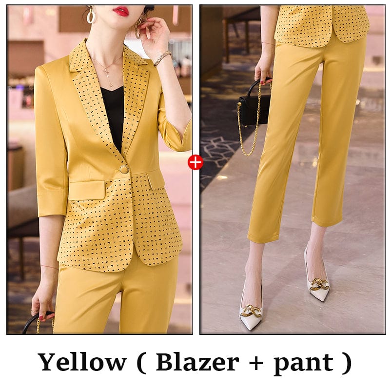 4 XL / 2 Piece Yellow Pant Suit Wholesaler Two Piece Suit Set Women Elegant Pant Suits Half Sleeve Blazer Business Office Lady Work Women Fashion Suits