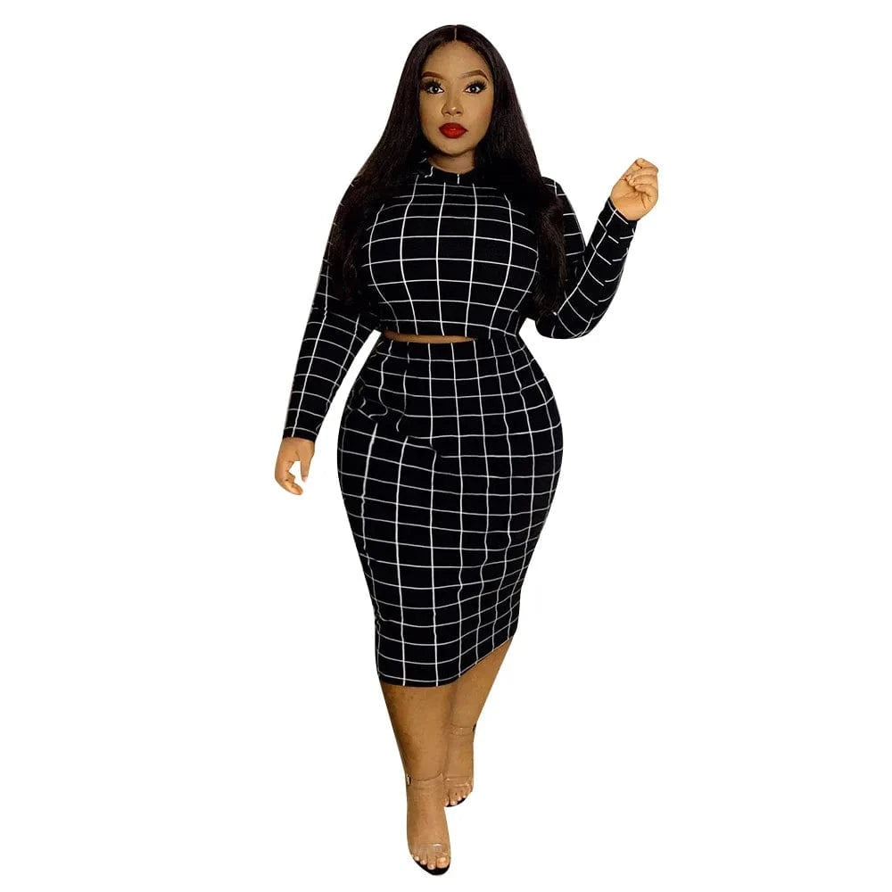 4 XL / Black 5XL women's long-sleeved sexy plaid tight-fitting mid-length ladies two-piece casual tight-fitting cheap plus size