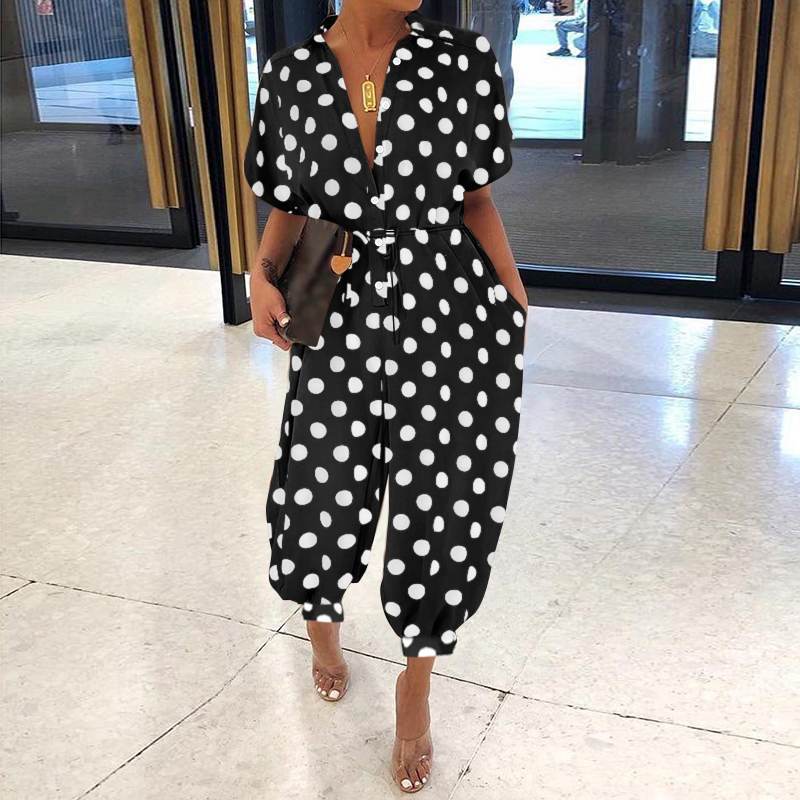 4 XL / Black Dots 2022 Summer Women Cargo Romper Jumpsuits Fashion Casual Short Sleeve Plus Size Loose Cargo Jumpsuit with Pockets