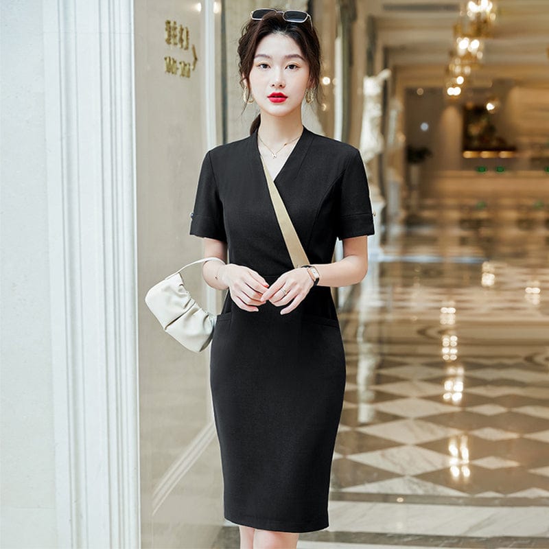 4 XL / black Wholesale Elegant Women's Slim Office Work Dresses Breathable Fashion Soft Lady Business Short Sleeve Formal Party Dress